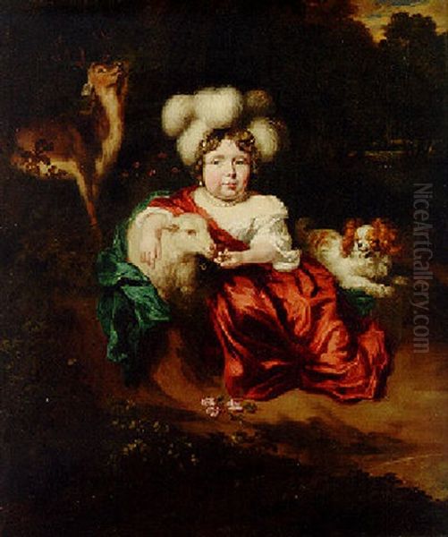 Portrait Of A Girl, Wearing A Feather Headdress And A Red Robe, Holding A Sheep Oil Painting by Nicolaes Maes