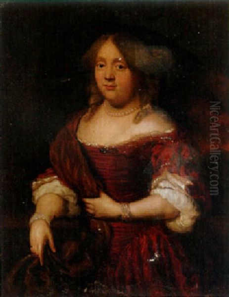 Portrait Of A Lady, Three-quarter-length, In A Dress With A Wrap And Choker Oil Painting by Nicolaes Maes