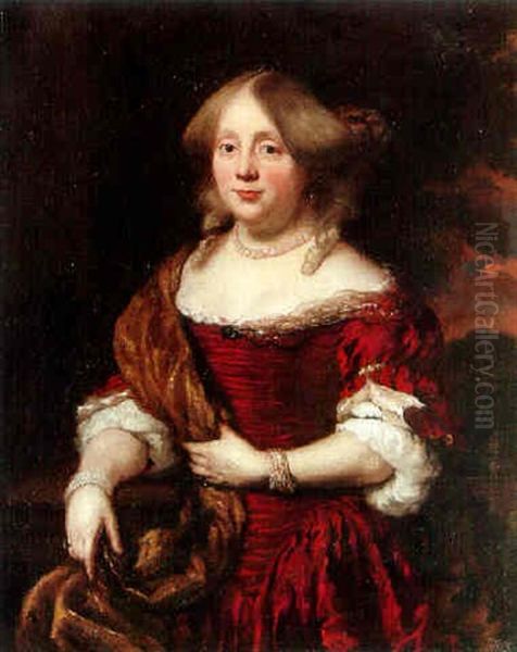 A Portrait Of A Lady In A Scarlet Dress With A Stole And Pearl Necklace Oil Painting by Nicolaes Maes