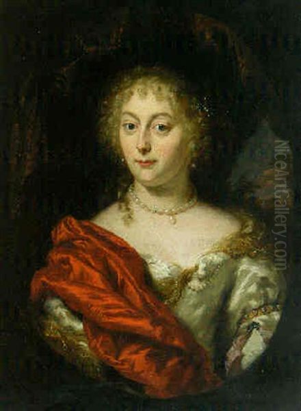 Portrait Of A Lady, Bust-length, In A White Dress With A Red Shawl Oil Painting by Nicolaes Maes