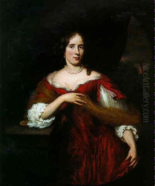 Portrait Of Lady Standing By A Curtain With Red Dress, Her Right Arm Leaning On Pedestal Oil Painting by Nicolaes Maes