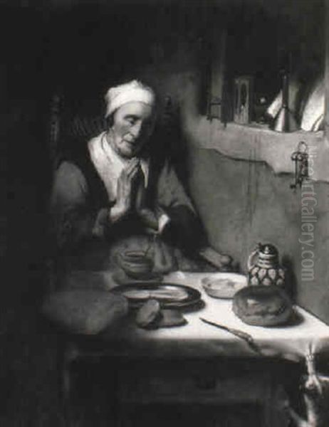 An Old Woman At Prayer In An Interior Oil Painting by Nicolaes Maes