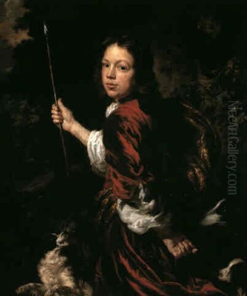 A Portrait Of A Young Man, Three Quarter Length, Carrying A Hunting Spear And Accompanied By Three Hounds Oil Painting by Nicolaes Maes