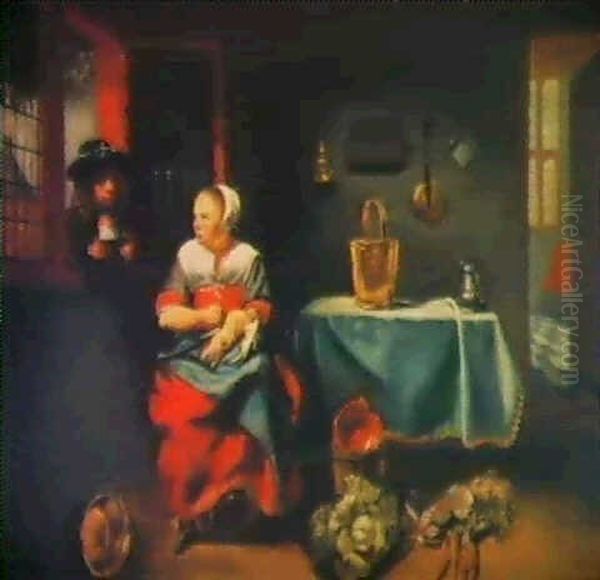 The Interior Of Cottage With A Young Serving Maid Plucking  A Duck While A Young Man With Folded Arms Oil Painting by Nicolaes Maes