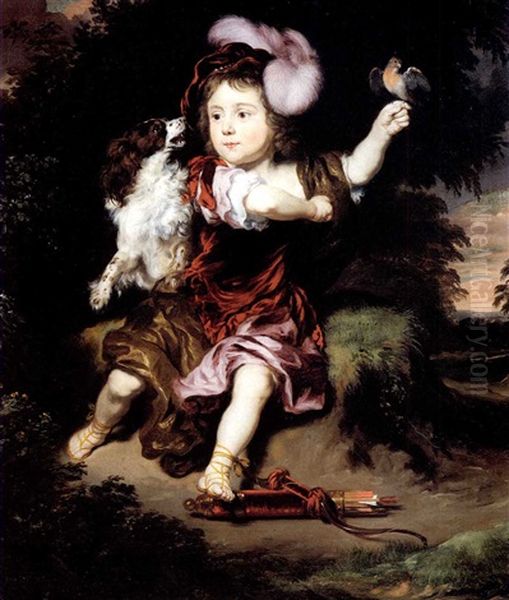 Portrait Of A Young Boy, Smallfull Length, With A King      Charles Spaniel And A Bird, In A Landscape. Oil Painting by Nicolaes Maes