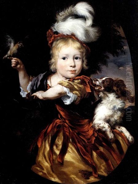 Portrait Of A Young Boy With A Tethered Finch And A King    Charles Spaniel, In A Painted Oval Oil Painting by Nicolaes Maes