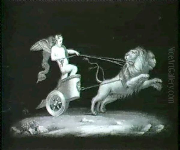 An Amorino In A Chariot, Drawn By Lions; And An Amorino     In A Chariot, Drawn By Goats. A Pair (2) Oil Painting by Michelangelo Maestri