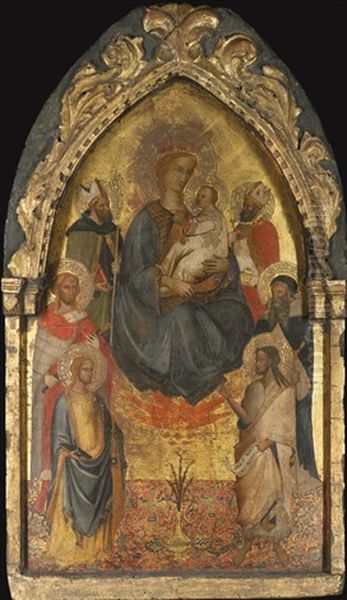 The Madonna And Child Accompanied By A Bishop Saint, Saints Julian The Hospitaler, James The Greater (?), John The Baptist, Anthony Abbot And Nicholas Of Bari Oil Painting by  Maestro del Cristo Docente