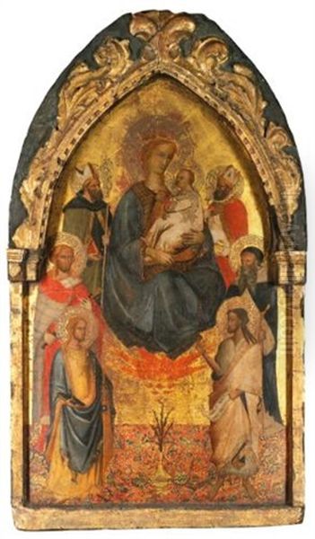 The Madonna And Child Accompanied By A Bishop Saint, Saints Julian The Hospitator, James The Greater(?), John The Baptist, Anthony Abbot And Nicholas Of Bari Oil Painting by  Maestro del Cristo Docente