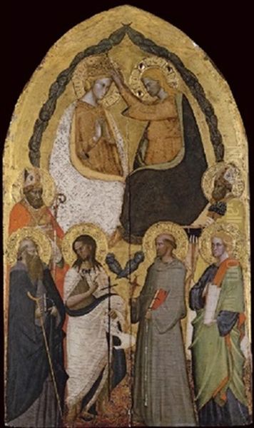 The Coronation Of The Virgin, With Saints Nicholas Of Bari, Anthony Abbot, John The Baptist, Francis Of Assisi, Phillip And Zanobi Oil Painting by  Maestro del Cristo Docente