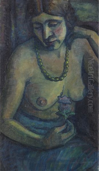 Selbstportrat In Blau (halbakt Mit Perlenkette) Oil Painting by Dorothea Maetzel-Johannsen