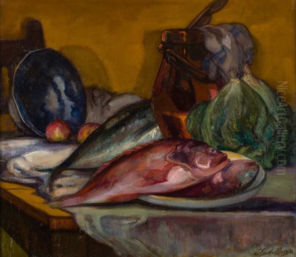 Bodegon Con Olla De Cobre Y Pescados Oil Painting by Gustavo De Maeztu