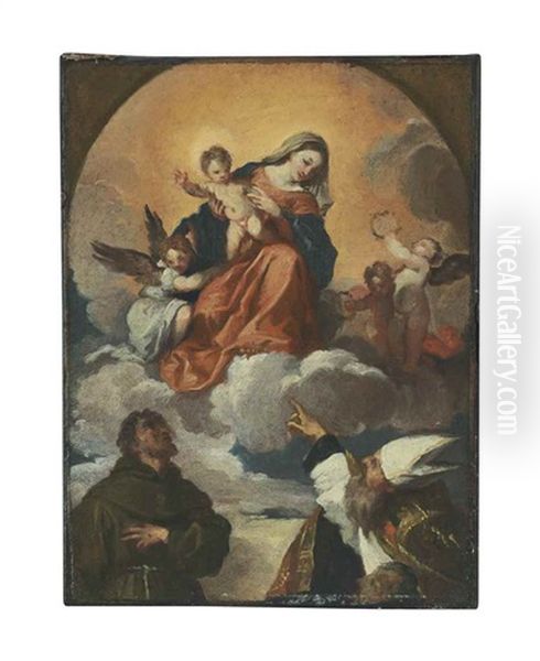 The Madonna And Child In Glory With Saints Francis And Aloysius And The Donor Alvise Gozzi, In A Feigned Arch Oil Painting by Francesco Maffei