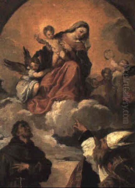 Madonna And Child In Glory With Sts. Francis And Aloysius And A Donor Oil Painting by Francesco Maffei