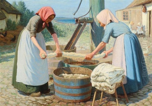 A Couple Of Women Doing Laundry Oil Painting by Valdemar Holger V. Rasmussen Magaard