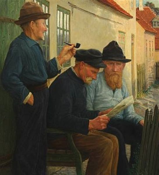 Three Skagen Fishermen By A Bench Oil Painting by Valdemar Holger V. Rasmussen Magaard