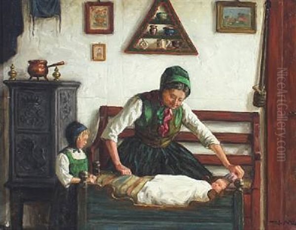 Interior With Mother And Children Oil Painting by Valdemar Holger V. Rasmussen Magaard