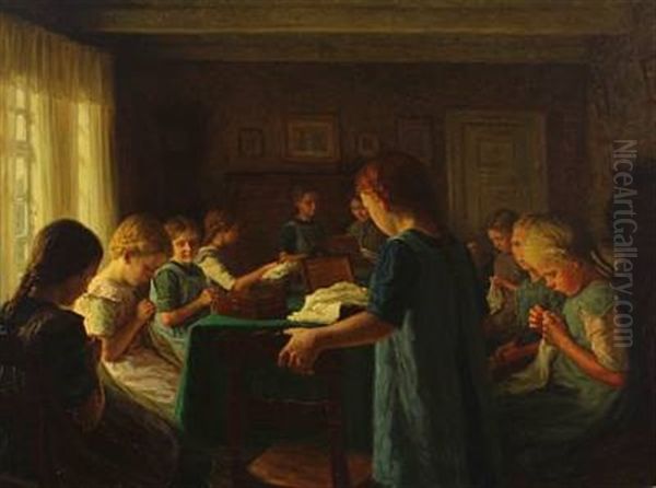 Group Of Young Girls Sewing by Valdemar Holger V. Rasmussen Magaard