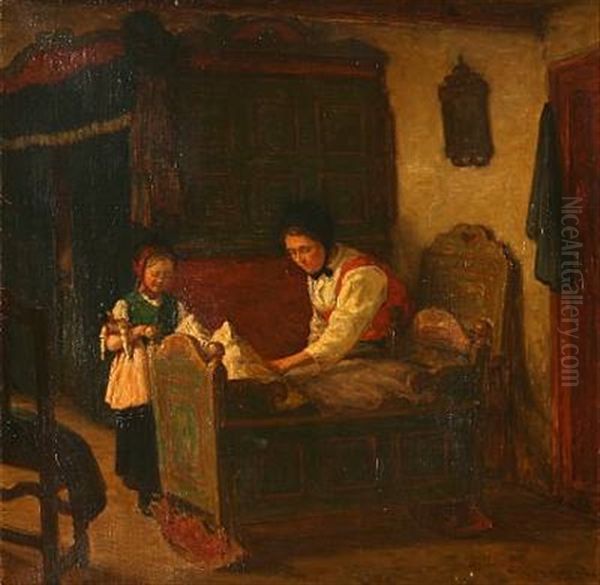 Country Interior With Mother And Daughter Oil Painting by Valdemar Holger V. Rasmussen Magaard