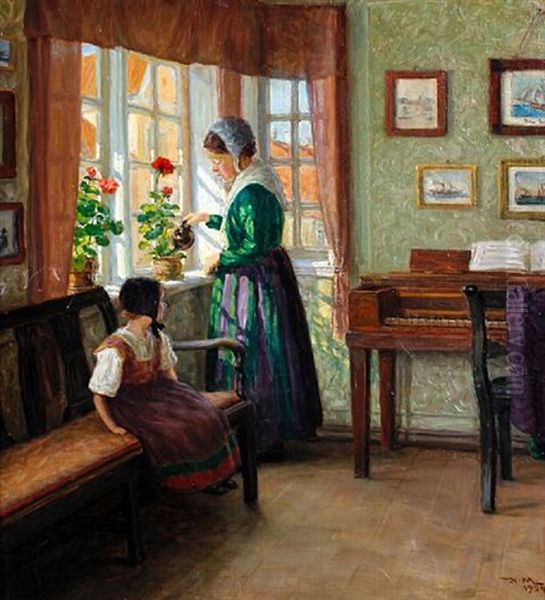 Interior Scene With Mother Watering Flowers By A Window And Young Daughter Seated Beside Oil Painting by Valdemar Holger V. Rasmussen Magaard