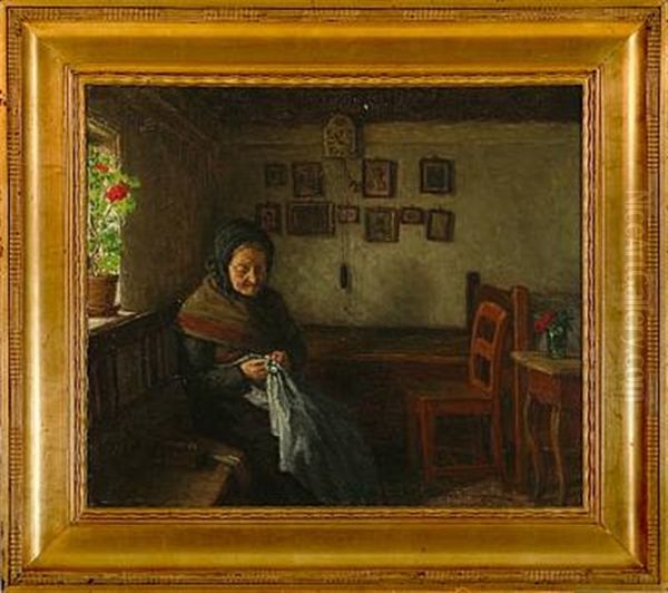 Gammel Kone I Sin Stue Oil Painting by Valdemar Holger V. Rasmussen Magaard