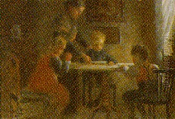 Interior Med Familie Ved Bordet Oil Painting by Valdemar Holger V. Rasmussen Magaard