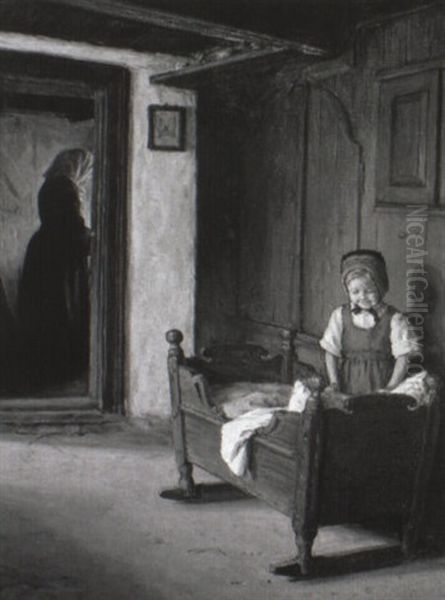 Interior Med En Lille Pige Ved En Vugge, I Baggrunden Moderen Oil Painting by Valdemar Holger V. Rasmussen Magaard