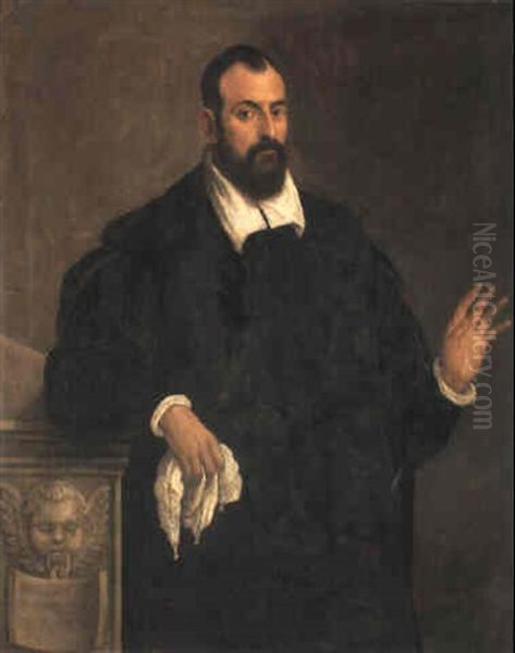 Portrait Of A Gentleman In A Black Fur-trimmed Coat Oil Painting by Giovanni Battista I Maganza