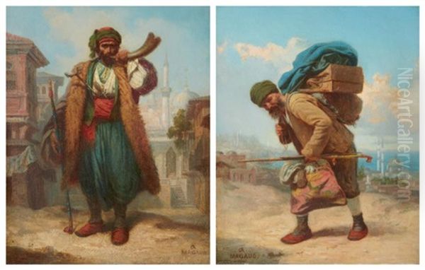 Derviche Turc A Constantinople - Turc Portant Ses Ballots (2 Works) Oil Painting by Antoine Magaud