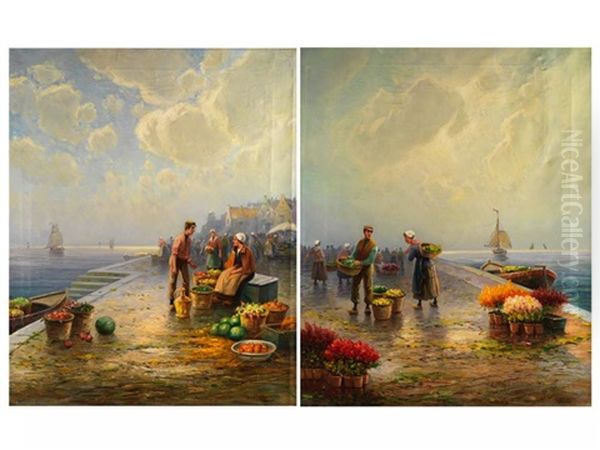 Hollandische Marktszene Am Meeresufer Mit Gemusekorben (+ Hollandische Marktszene Am Meeresufer Mit Blumentopfen; Pair) Oil Painting by Josef Magerer