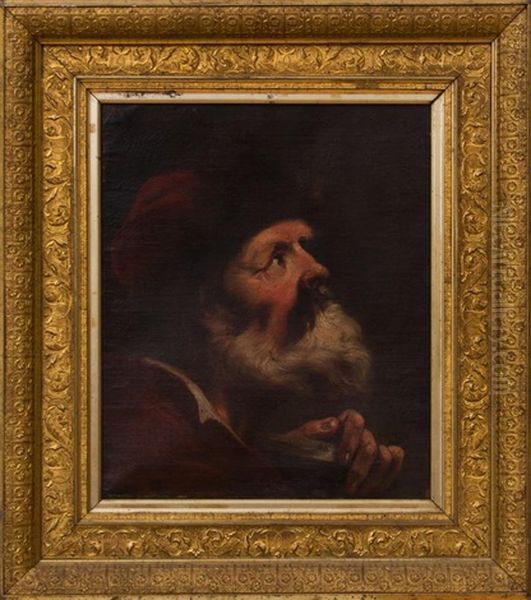 A Head Study Of A Bearded Man In A Red Fur Lined Cap Oil Painting by Domenico Maggiotto