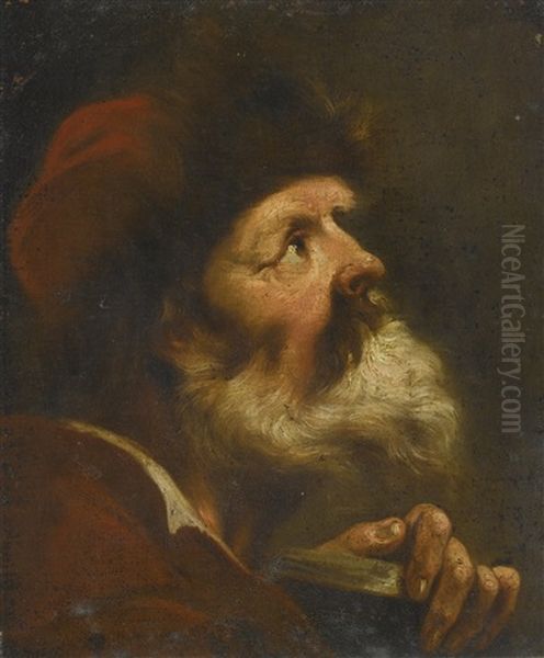 A Head Study Of A Bearded Man In A Red Fur Lined Cap Oil Painting by Domenico Maggiotto