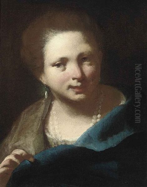 Portrait Of A Lady In A Blue Dress And Pearls Oil Painting by Domenico Maggiotto