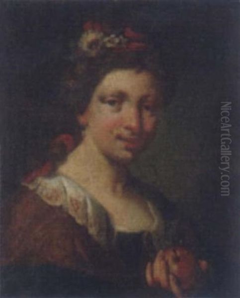 Portrait Of A Young Woman Holding An Apple Oil Painting by Domenico Maggiotto