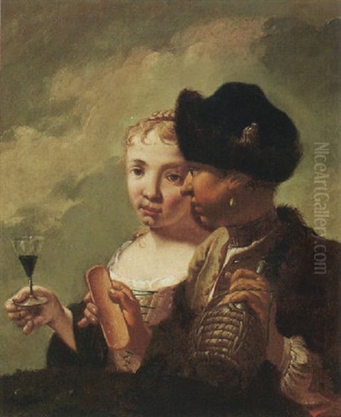 A Young Couple Drinking Wine Oil Painting by Domenico Maggiotto