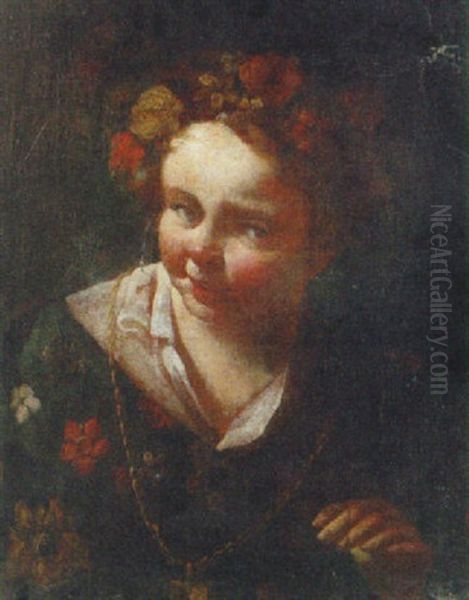 A Girl Wearing A Gold Chain And Flowers In Her Hair by Domenico Maggiotto