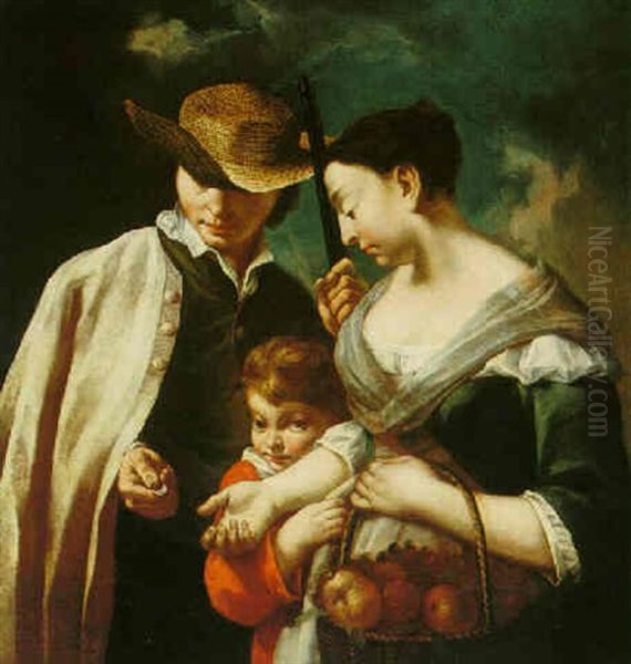 A Sportsman Handing A Coin To A Woman Who Holds A Basket Of Fruit, A Child By Her Side Oil Painting by Domenico Maggiotto