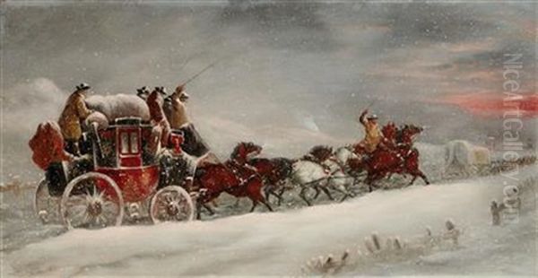 Worcester To London Coach In The Snow Oil Painting by John Charles Maggs