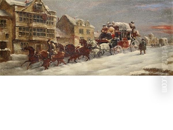 Mail Coach In Winter Snow Oil Painting by John Charles Maggs