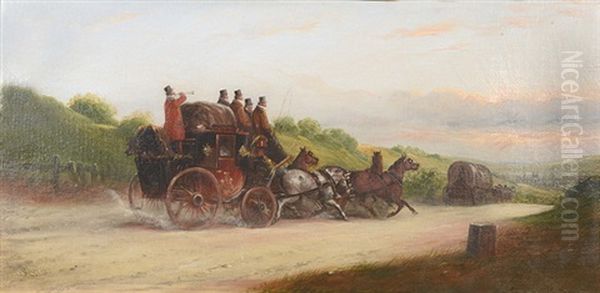 Figures In A Horsedrawn Carriage Approaching A Town Oil Painting by John Charles Maggs