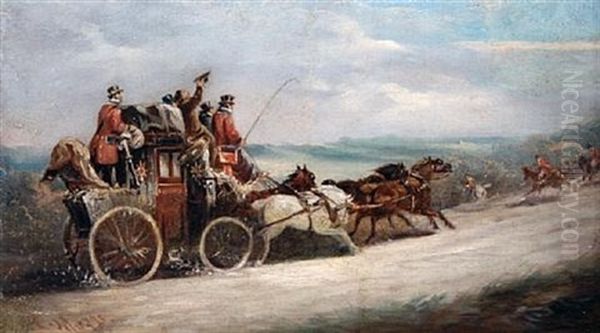 A Coach And Four With A Hunt Passing Before Them Oil Painting by John Charles Maggs