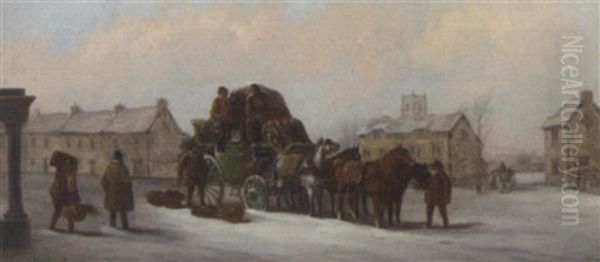 The Bristol, Bath And London Coach In Snow Before An Inn Oil Painting by John Charles Maggs