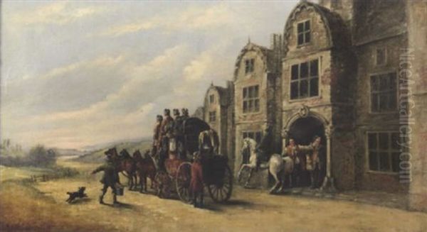 Coach And Horses Outside An Inn Oil Painting by John Charles Maggs