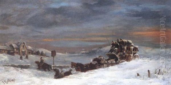 The Leeds To London Stage Coach In A Heavy Drift, Outside An Inn Oil Painting by John Charles Maggs