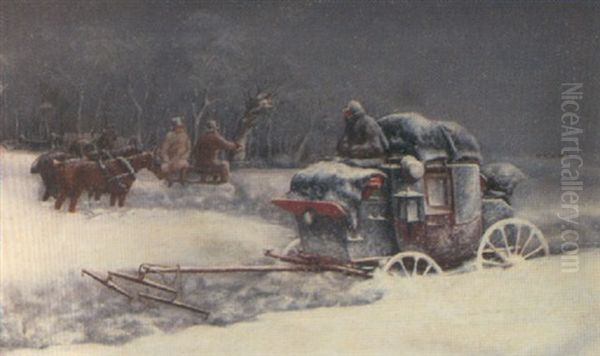 A Coach In A Snowdrift Oil Painting by John Charles Maggs