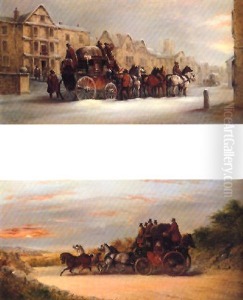 Stagecoach Outside An Inn, Winter Oil Painting by John Charles Maggs