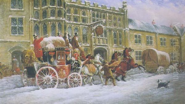 Royal Mail Coach In Winter Passing The George Inn Oil Painting by John Charles Maggs