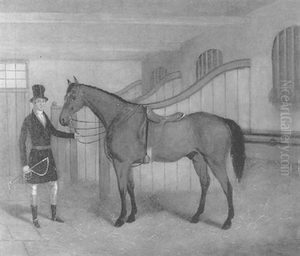 A Gentleman With His Horse In A Stable Interior Oil Painting by John Charles Maggs