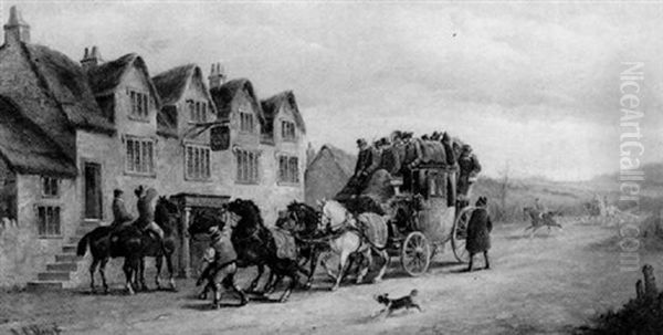 The London To Bath Stage Coach Passing The Fox Inn Oil Painting by John Charles Maggs