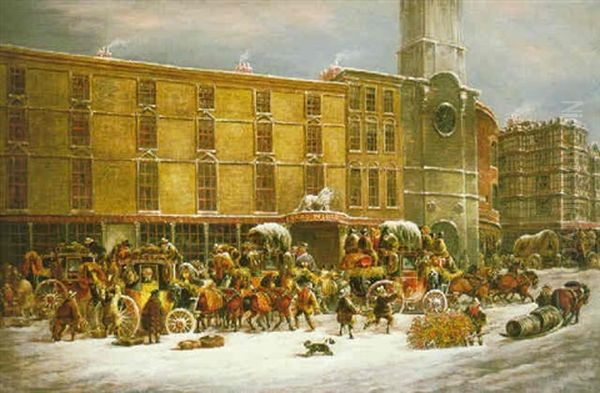 A Winter Scene Outside The White Lion Hotel And Tavern, Bristol Oil Painting by John Charles Maggs